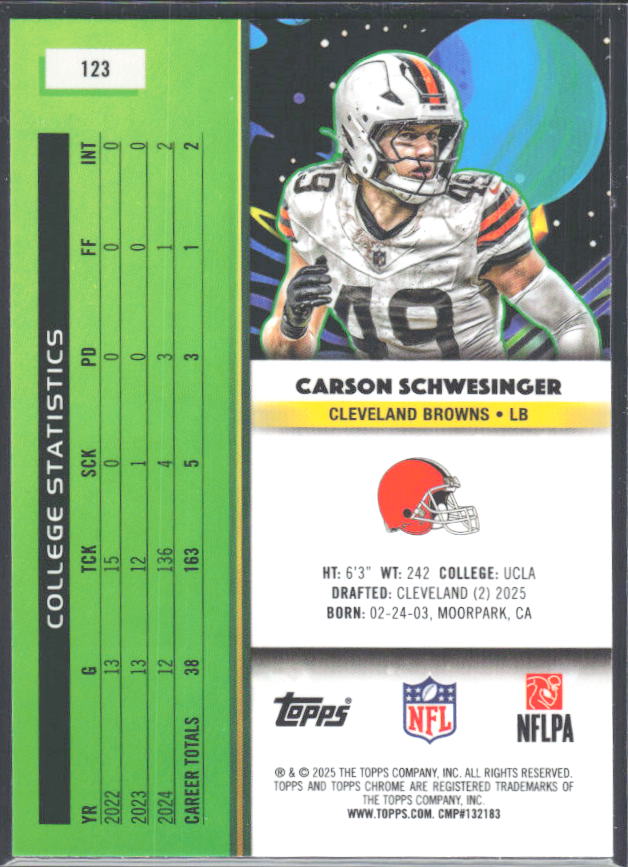 2025 Topps Cosmic Chrome #123 Carson Schwesinger – baksida