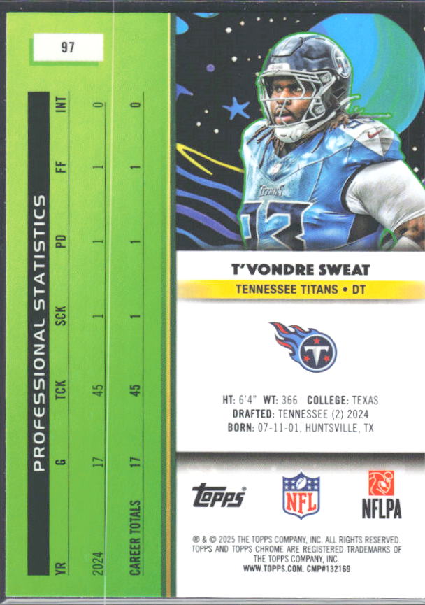 2025 Topps Cosmic Chrome #97 T'Vondre Sweat – baksida