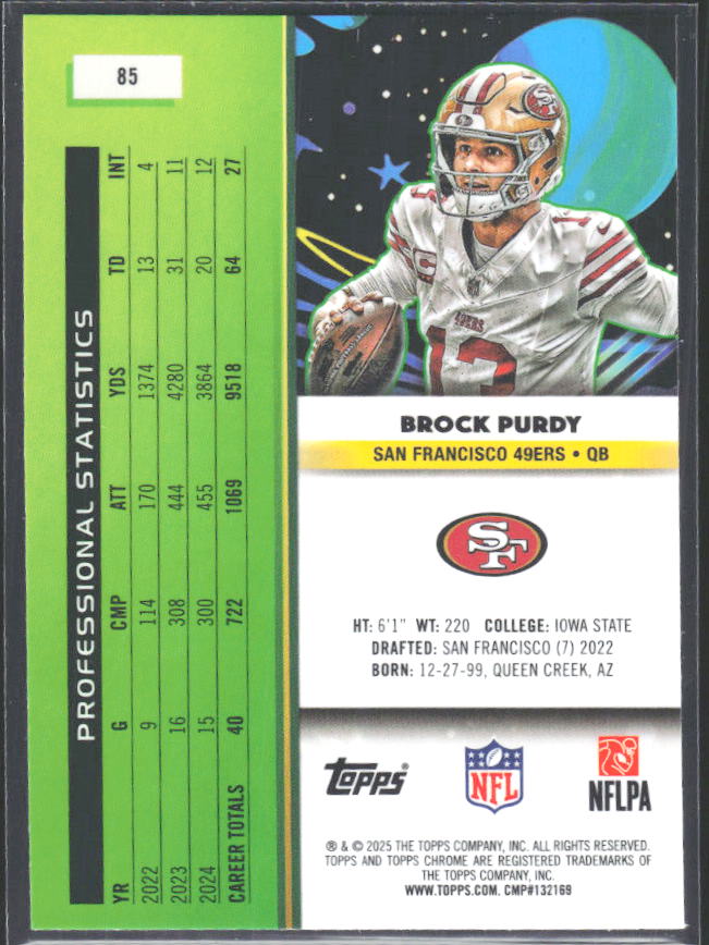 2025 Topps Cosmic Chrome #85 Brock Purdy – baksida