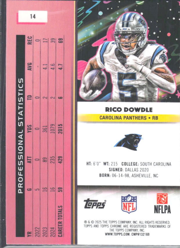 2025 Topps Cosmic Chrome #14 Rico Dowdle – baksida