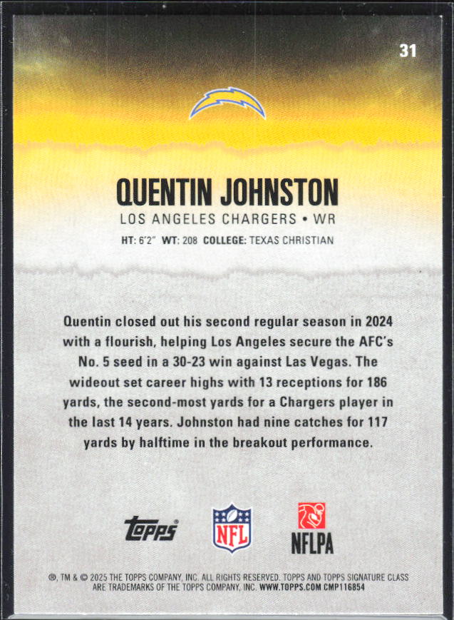 2025 Topps Signature Class #31 Quentin Johnston – baksida