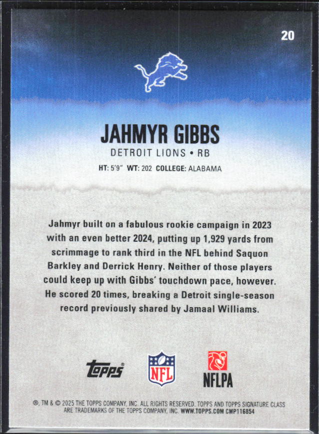 2025 Topps Signature Class #20 Jahmyr Gibbs – baksida