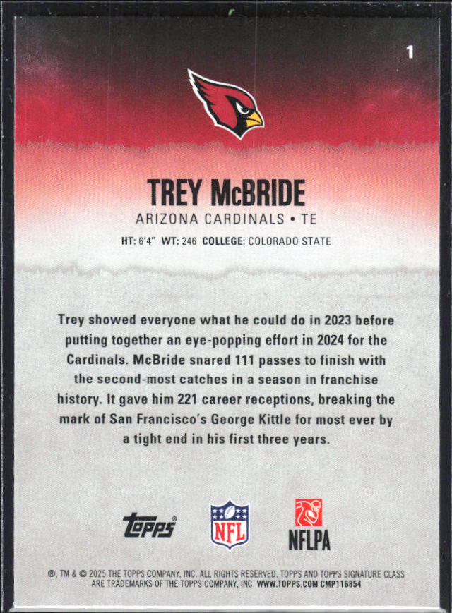 2025 Topps Signature Class #1 Trey McBride – baksida