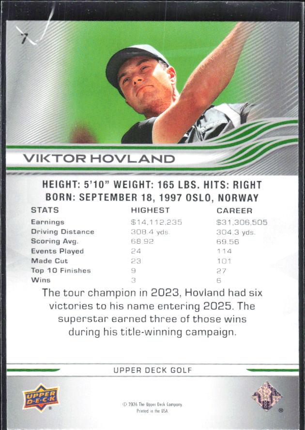 Viktor Hovland 2026 Upper Deck Golf #7 – baksida