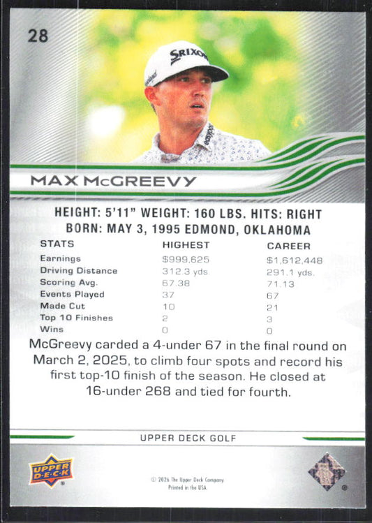 Max McGreevy 2026 Upper Deck Golf #28 – baksida