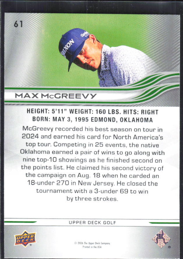 Max McGreevy 2026 Upper Deck Golf #61 – baksida