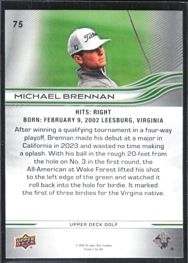 Michael Brennan 2026 Upper Deck Golf #75 – baksida
