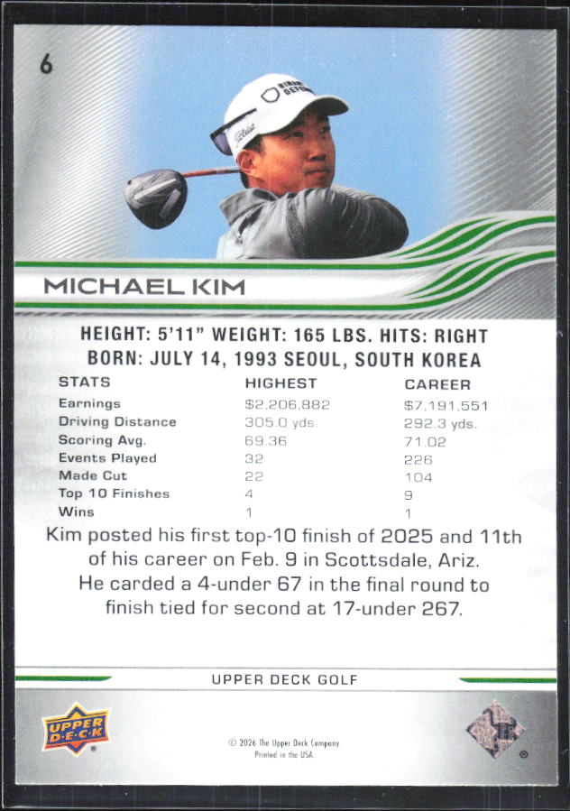 Michael Kim 2026 Upper Deck Golf #6 – baksida