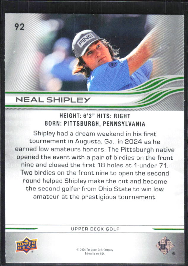 Neal Shipley 2026 Upper Deck Golf #92 – baksida