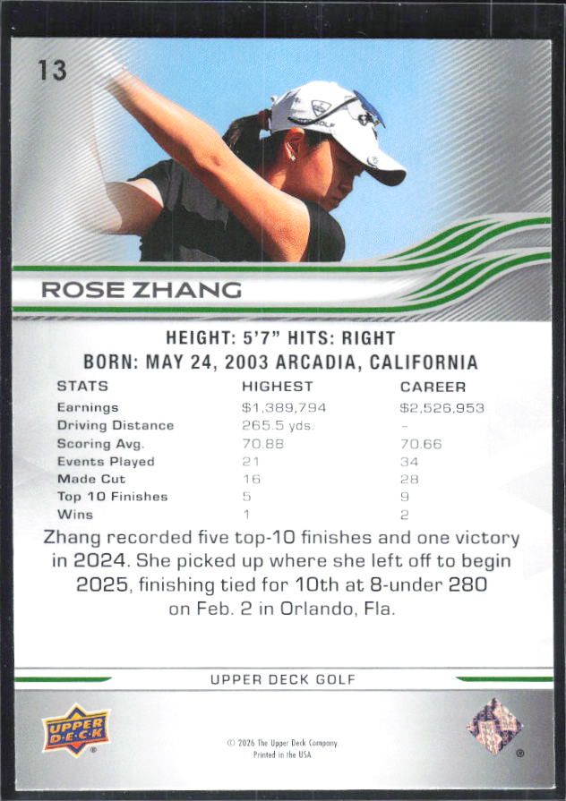 Rose Zhang 2026 Upper Deck Golf #13 – baksida