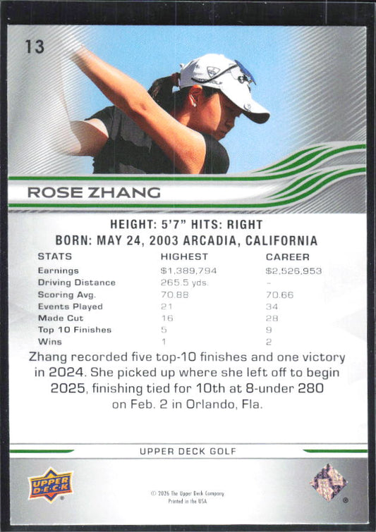 Rose Zhang 2026 Upper Deck Golf #13 – baksida