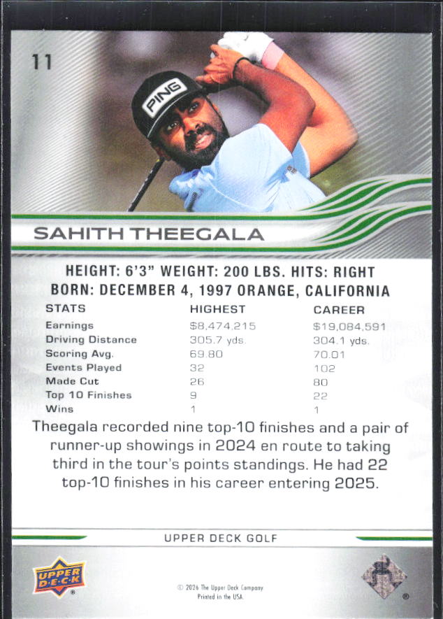 Sahith Theegala 2026 Upper Deck Golf #11 – baksida