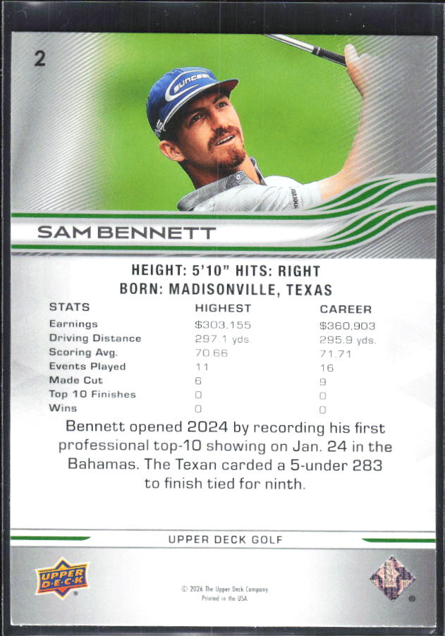 Sam Bennett 2026 Upper Deck Golf #2 – baksida