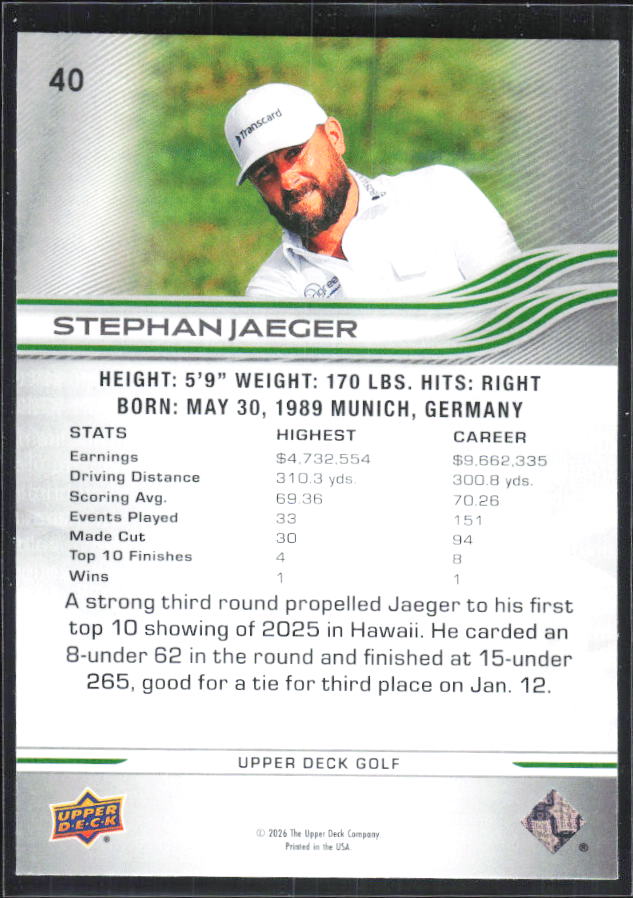 Stephan Jaeger 2026 Upper Deck Golf #40 – baksida