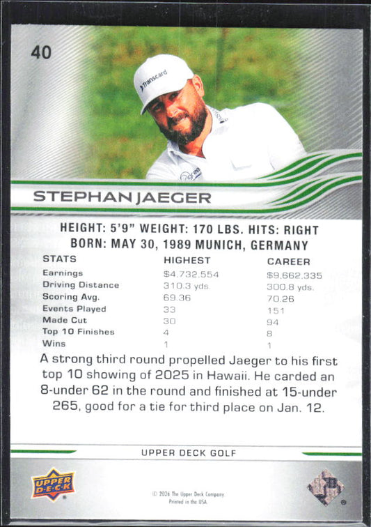 Stephan Jaeger 2026 Upper Deck Golf #40 – baksida