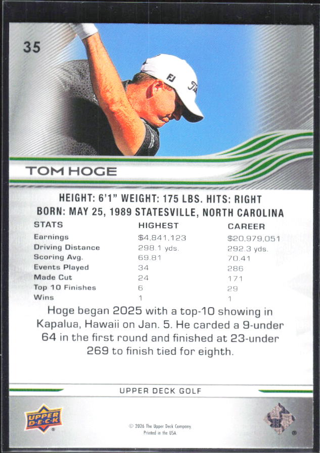 Tom Hoge 2026 Upper Deck Golf #35 – baksida