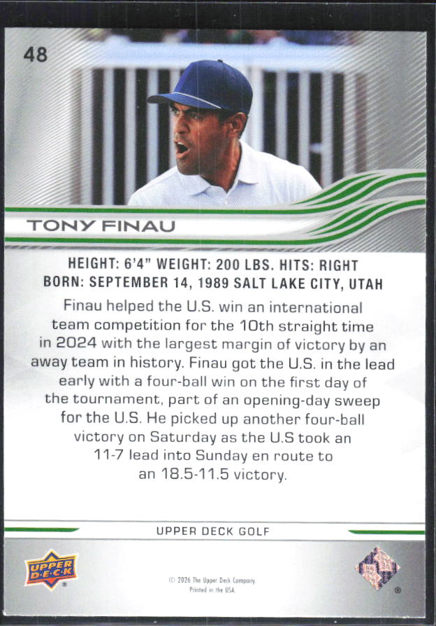 Tony Finau 2026 Upper Deck Golf #48 – baksida