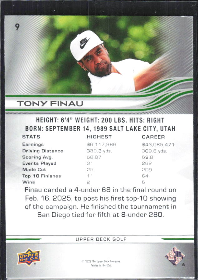 Tony Finau 2026 Upper Deck Golf #9 – baksida