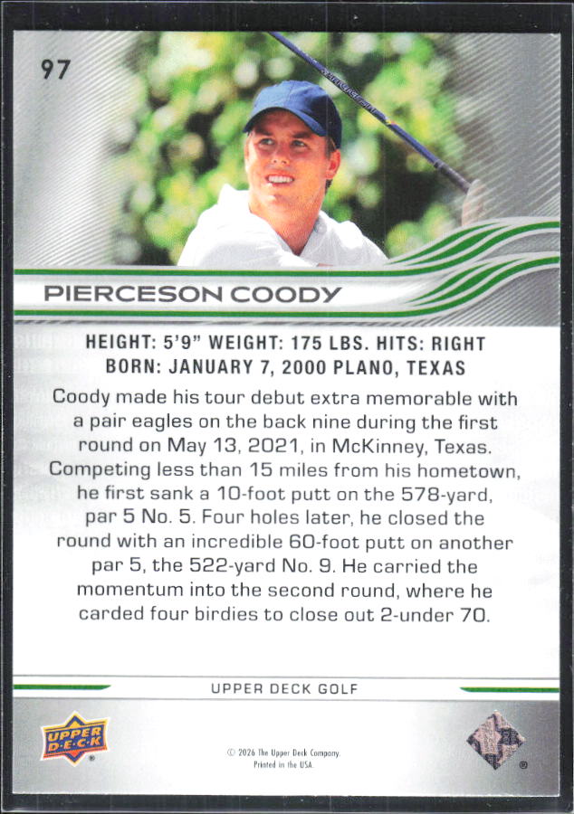 Pierceson Coody 2026 Upper Deck Golf #97 – baksida