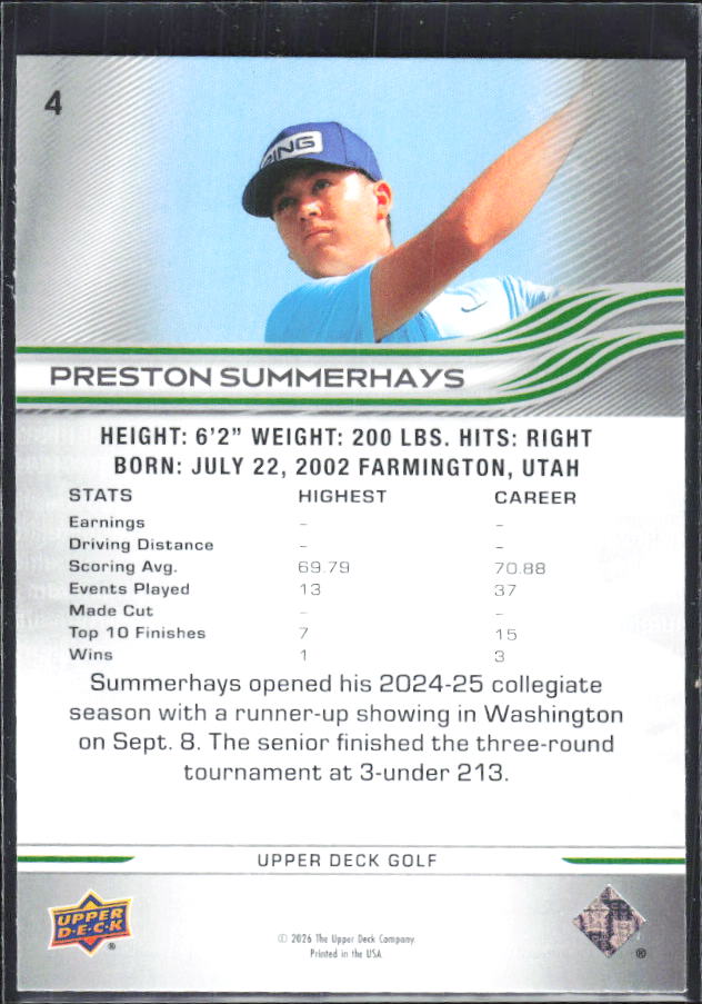 Preston Summerhays 2026 Upper Deck Golf #4 – baksida