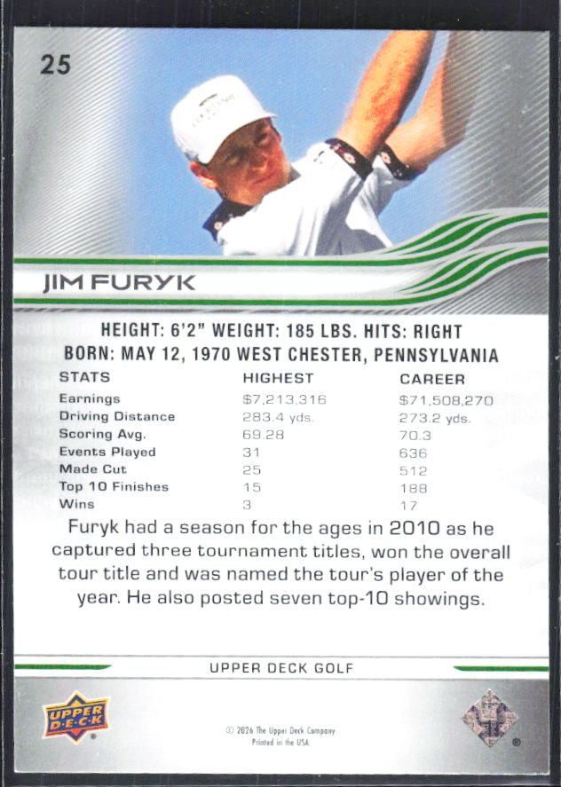 Jim Furyk 2026 Upper Deck Golf #25 – baksida