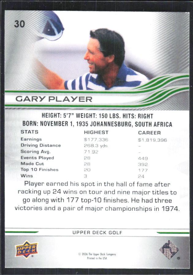 Gary Player 2026 Upper Deck Golf #30 – baksida
