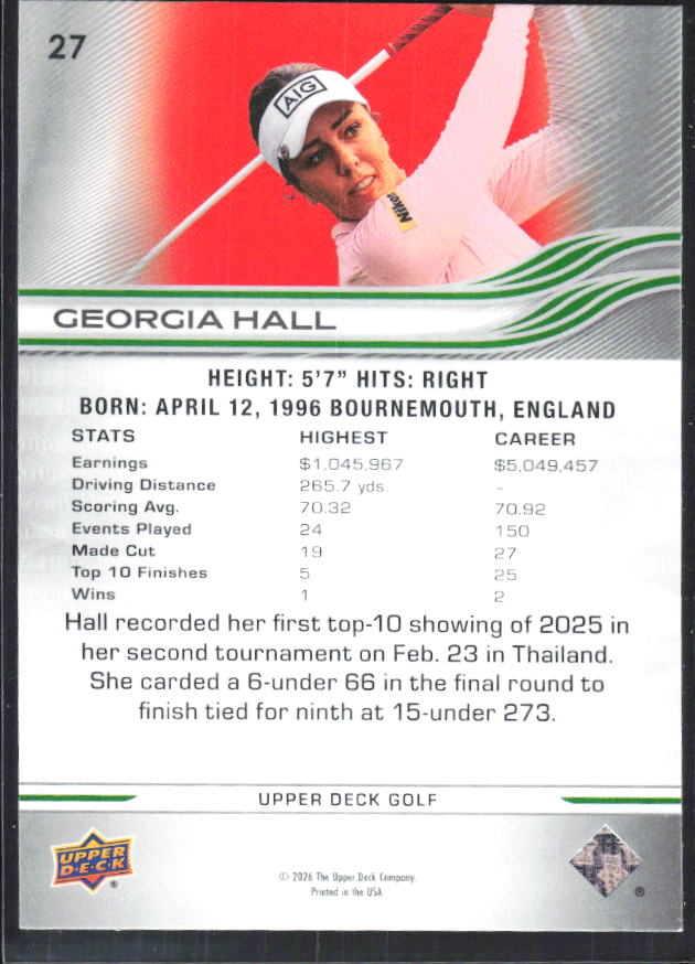 Georgia Hall 2026 Upper Deck Golf #27 – baksida
