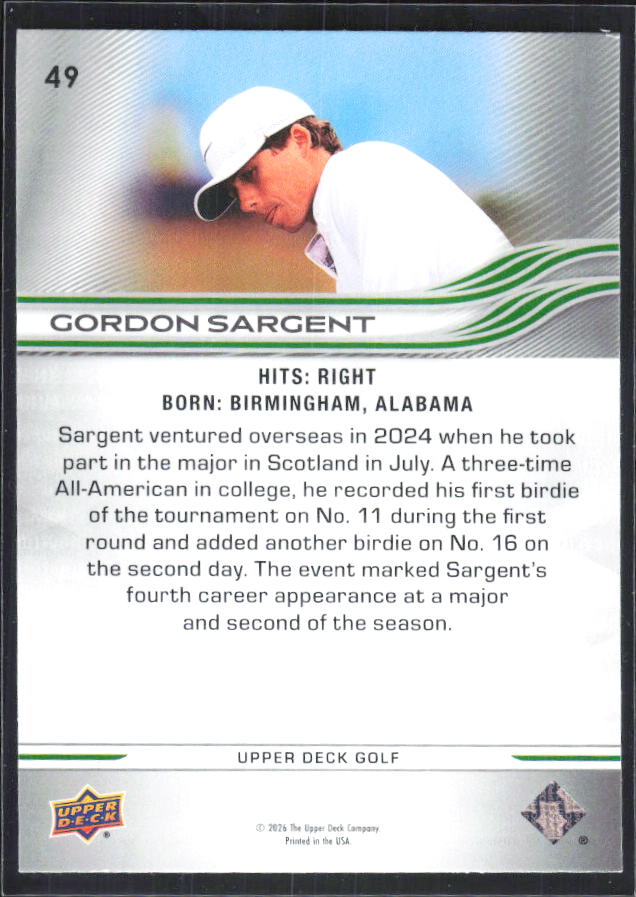 Gordon Sargent 2026 Upper Deck Golf #49 – baksida