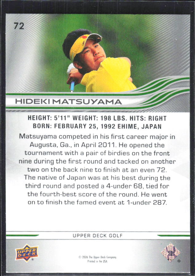 Hideki Matsuyama 2026 Upper Deck Golf #72 – baksida