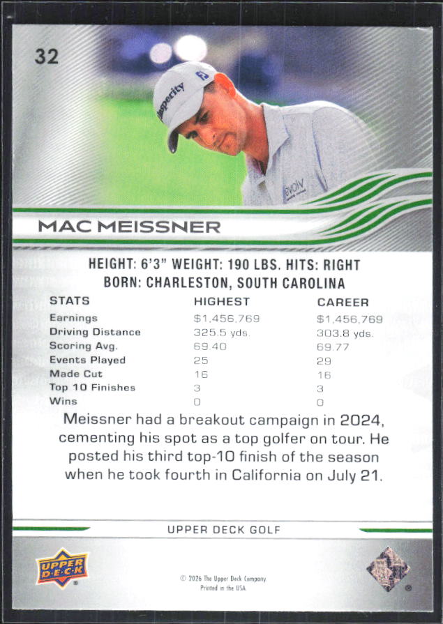 Mac Meissner 2026 Upper Deck Golf #32 – baksida