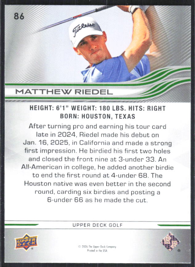 Matthew Riedel 2026 Upper Deck Golf #86 – baksida