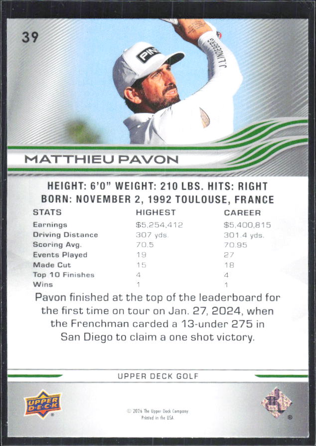Matthieu Pavon 2026 Upper Deck Golf #39 – baksida