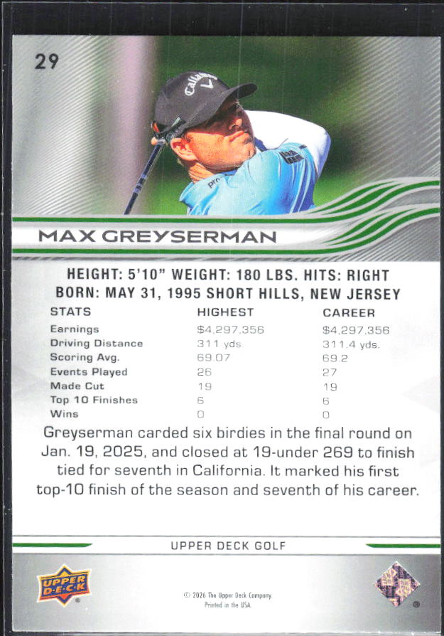Max Greyserman 2026 Upper Deck Golf #29 – baksida