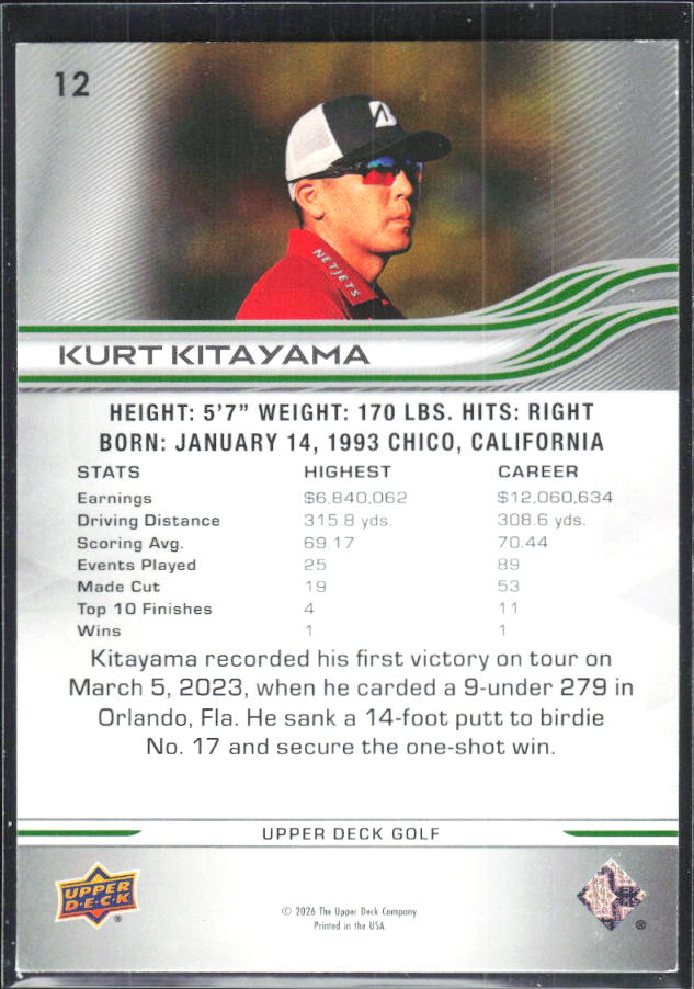 Kurt Kitayama 2026 Upper Deck Golf #12 – baksida
