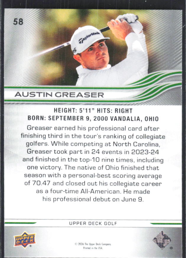 Austin Greaser 2026 Upper Deck Golf #58 – baksida