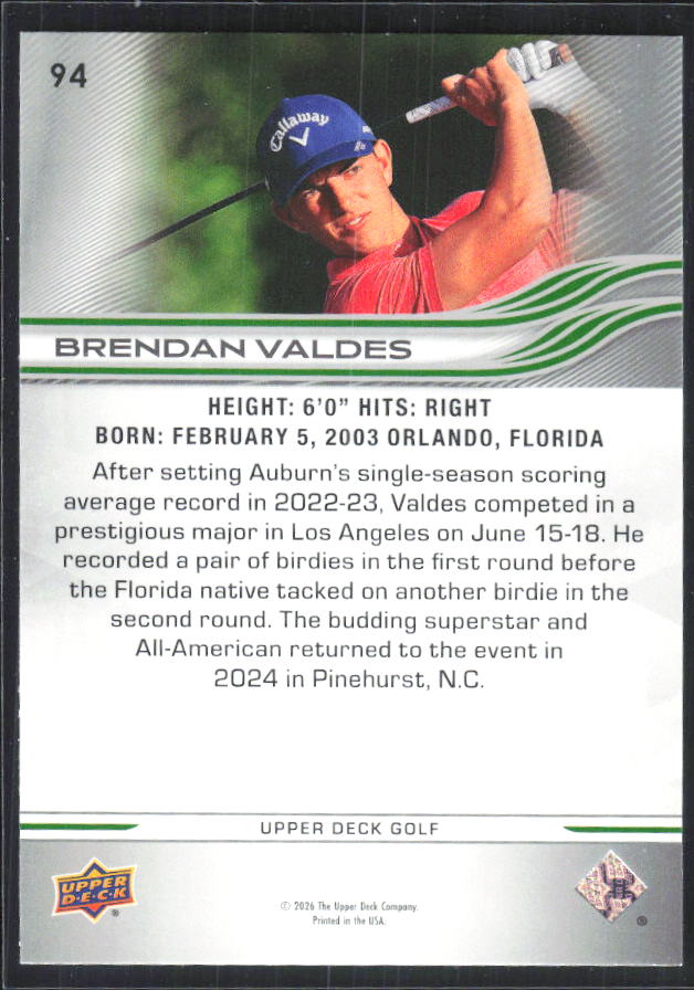 Brendan Valdes 2026 Upper Deck Golf #94 – baksida