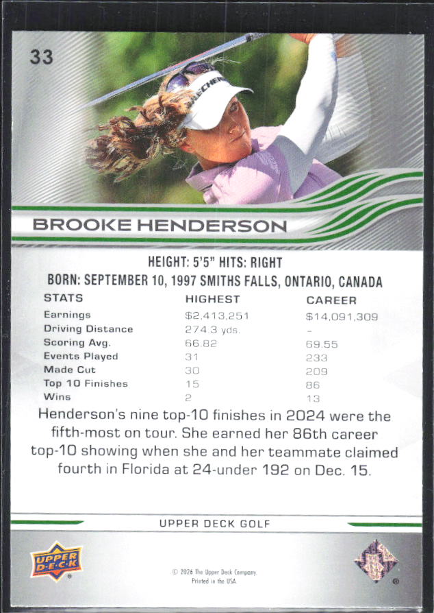 Brooke Henderson 2026 Upper Deck Golf #33 – baksida
