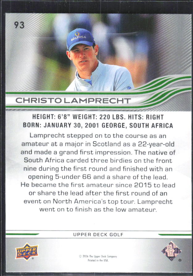 Christo Lamprecht 2026 Upper Deck Golf #93 – baksida