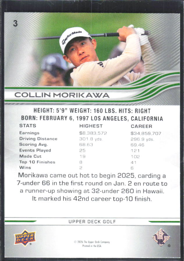Collin Morikawa 2026 Upper Deck Golf #3 – baksida