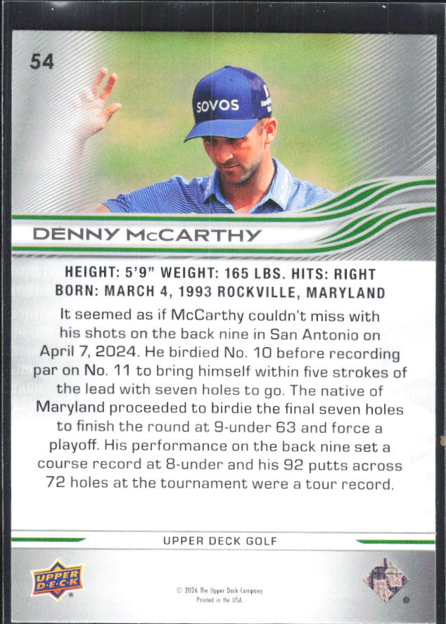 Denny McCarthy 2026 Upper Deck Golf #54 – baksida