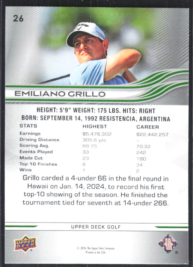 Emiliano Grillo 2026 Upper Deck Golf #26 – baksida