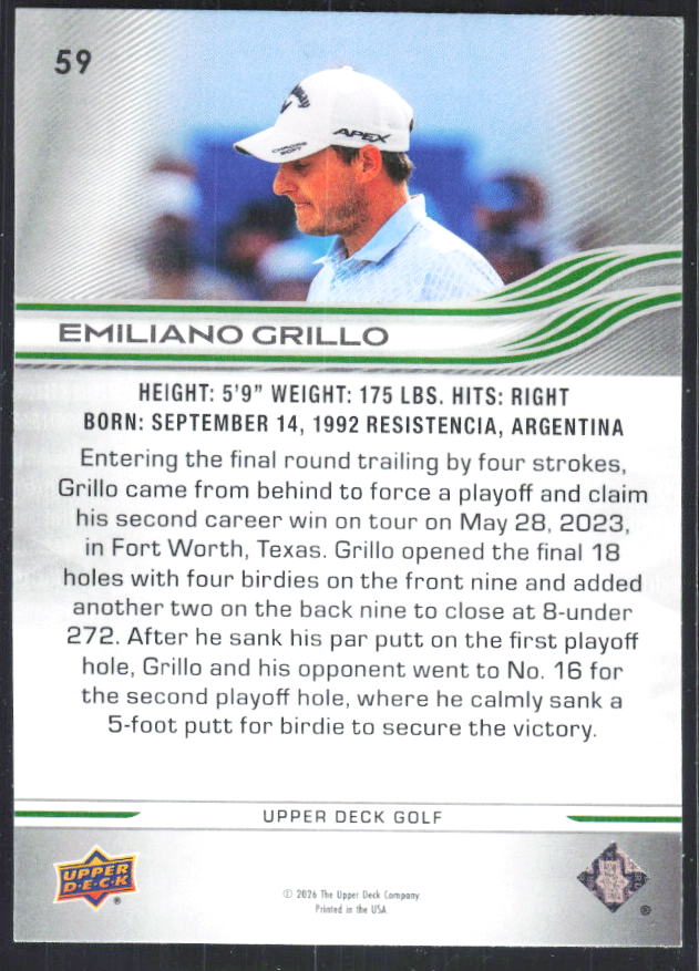 Emiliano Grillo 2026 Upper Deck Golf #59 – baksida