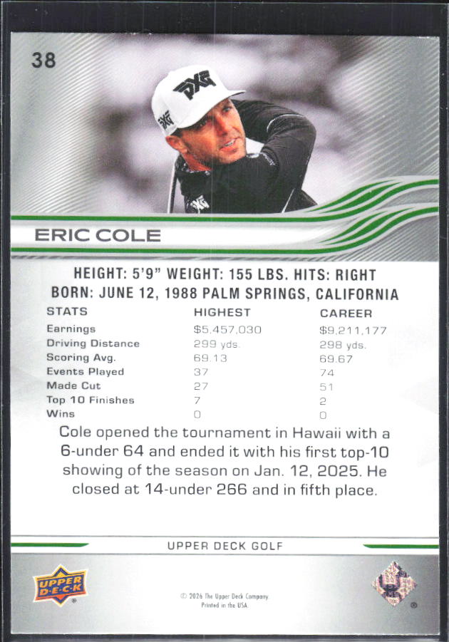 Eric Cole 2026 Upper Deck Golf #38 – baksida