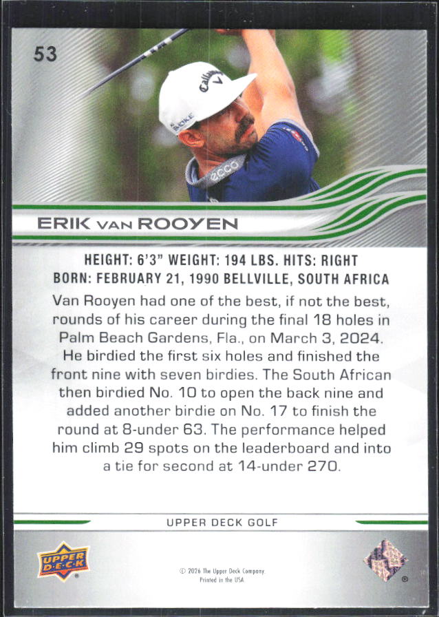 Erik van Rooyen 2026 Upper Deck Golf #53 – baksida