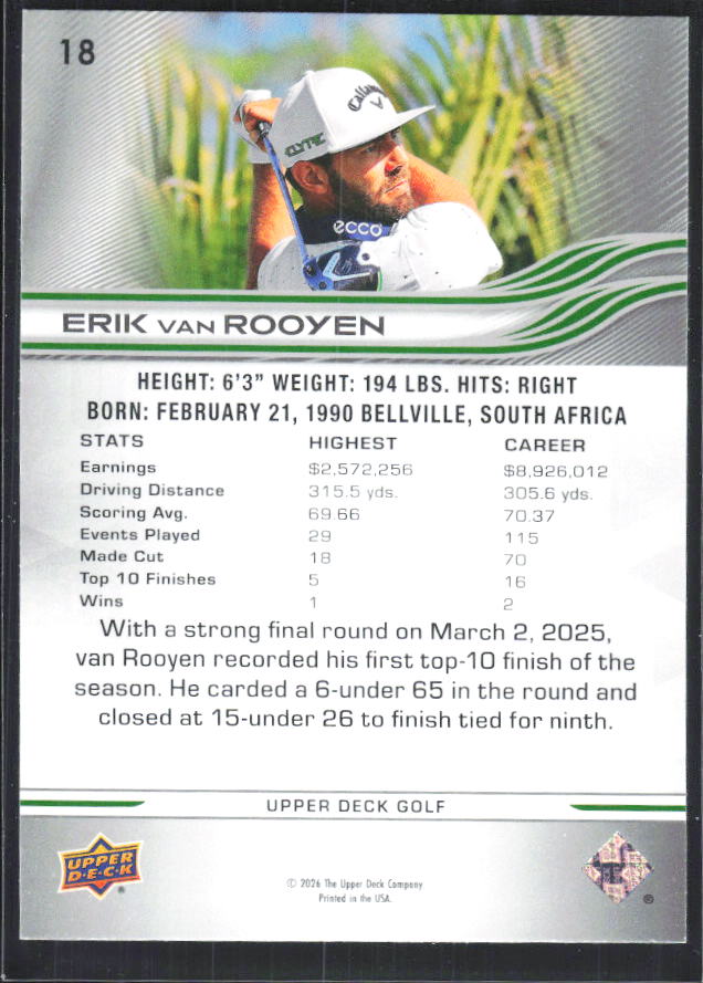 Erik van Rooyen 2026 Upper Deck Golf #18 – baksida