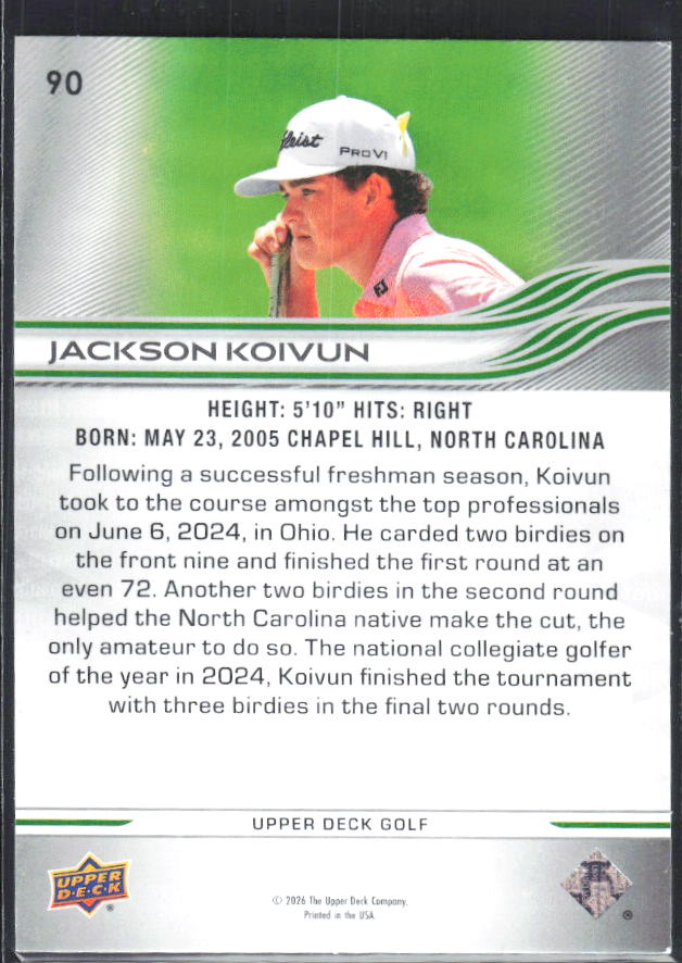 Jackson Koivun 2026 Upper Deck Golf #90 – baksida