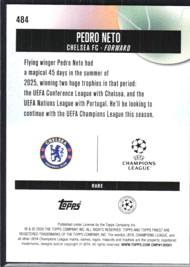 Pedro Neto 2025-26 Finest UEFA Rare #484 – baksida
