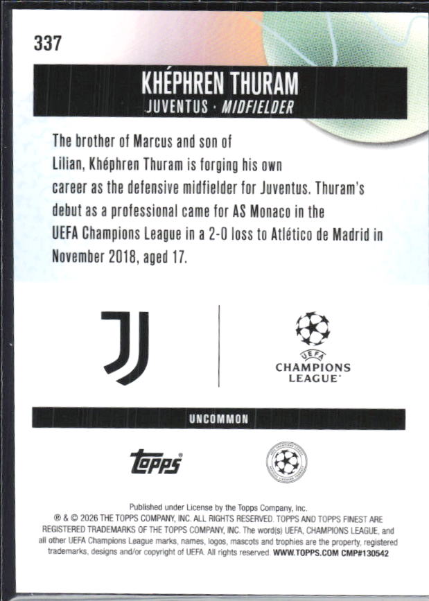 Khéphren Thuram 2025-26 Finest UEFA Uncommon #337 – baksida