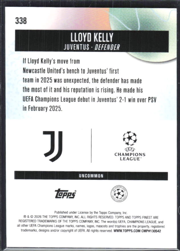 Lloyd Kelly 2025-26 Finest UEFA Uncommon #338 – baksida