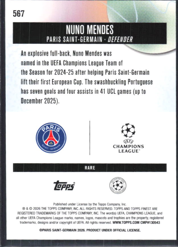 Nuno Mendes 2025-26 Finest UEFA Rare #567 – baksida